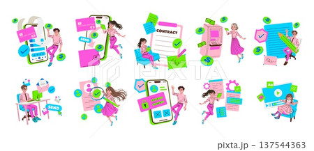 Vector illustration showing people engaged in digital banking, signing contracts, secure logins, and video conferencing. Actions depict online payments, data verification, and communication. 137544363