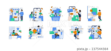 Vector illustration set depicting diverse online shopping scenarios with people using smartphones and laptops to purchase items, emphasizing convenience and digital transactions. Vector illustration set depicting diverse online shopping scenarios with people using smartphones and laptops to purchase items, emphasizing convenience and digital transactions. 137544364