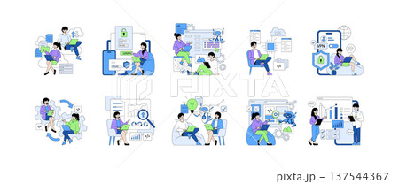Vector illustration set showing diverse tech team collaborating on digital projects. Features include data analysis, programming, cybersecurity, and interactive design with visible teamwork. 137544367