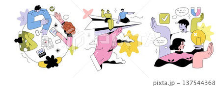 Vector illustration showing a diverse team collaborating over paperwork, conceptualizing with paper airplanes, and sharing innovative ideas with icons and symbols of communication and achievement. Vector illustration showing a diverse team collaborating over paperwork, conceptualizing with paper airplanes, and sharing innovative ideas with icons and symbols of communication and achievement. 137544368