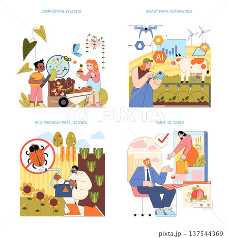 Vector illustration showing sustainable agriculture techniques. Includes smart farming, eco-friendly pest control, composting, and farm-to-table concepts. Emphasizes technology and sustainability. Vector illustration showing sustainable agriculture techniques. Includes smart farming, eco-friendly pest control, composting, and farm-to-table concepts. Emphasizes technology and sustainability. 137544369