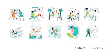Vector illustration set showcasing diverse sports activities, including soccer, basketball, volleyball, tennis, swimming, snorkeling, surfing, and hiking. Characters express energetic and joyful Vector illustration set showcasing diverse sports activities, including soccer, basketball, volleyball, tennis, swimming, snorkeling, surfing, and hiking. Characters express energetic and joyful 137544376