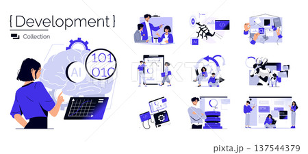 Vector illustration showing a team engaged in AI development. Various elements like coding, data processing, and brainstorming are featured, depicting innovative tech collaboration. Vector illustration showing a team engaged in AI development. Various elements like coding, data processing, and brainstorming are featured, depicting innovative tech collaboration. 137544379