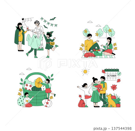 Vector illustration set depicting a family engaging in seasonal activities. Scenes include celebrating Halloween, enjoying a picnic, harvesting apples, and embracing autumn. Families convey emotions 137544398