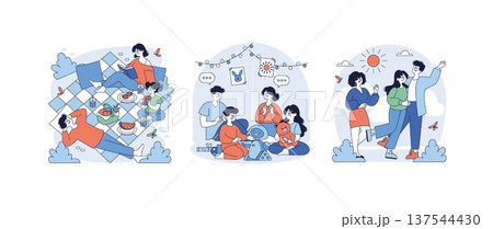 Vector illustration depicting a family enjoying various bonding activities: a picnic, playing with toys indoors, and a joyful outdoor walk. Captures moments of happiness and togetherness. 137544430