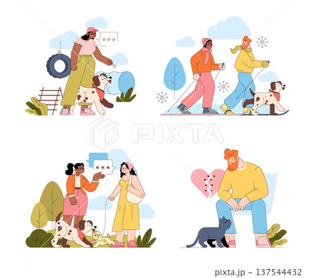 Vector illustration featuring people and dogs engaged in various activities. Includes dog training, skiing, interacting with children, and a man with a cat. Emphasizes diverse seasonal settings. 137544432