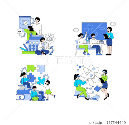 Vector illustration showcasing people engaging in science and technology activities, including coding, chemistry experiments, robotics, and virtual reality, highlighting educational interaction. Vector illustration showcasing people engaging in science and technology activities, including coding, chemistry experiments, robotics, and virtual reality, highlighting educational interaction. 137544440
