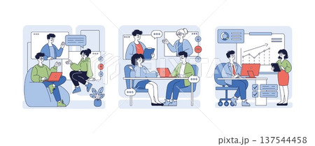 Vector illustration showcasing a team collaborating in an office environment. Three scenes depict coworkers discussing ideas, working with laptops, and analyzing data on a chart. 137544458