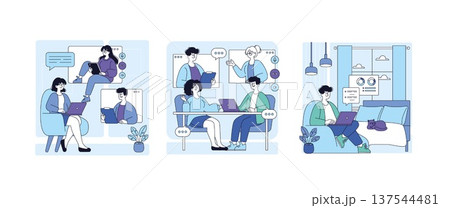 Vector illustration showing team members engaging in collaborative teamwork and remote work. People are seen interacting through laptops and discussing ideas in various settings. Vector illustration showing team members engaging in collaborative teamwork and remote work. People are seen interacting through laptops and discussing ideas in various settings. 137544481