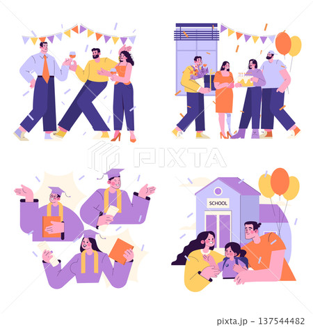 Vector illustration set depicting various celebrations. People are seen enjoying parties with friends and family, graduates celebrating achievements, and a family outside a school building. 137544482