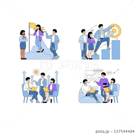 Vector illustration showcasing teamwork in various business scenarios, including goal achievement, data analysis, and collaborative planning with diverse team members interacting dynamically. 137544484