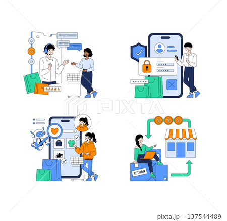 Vector illustration depicting various e-commerce activities, including customer service interaction, secure online shopping, product browsing, and easy returns. Characters engaged with online Vector illustration depicting various e-commerce activities, including customer service interaction, secure online shopping, product browsing, and easy returns. Characters engaged with online 137544489