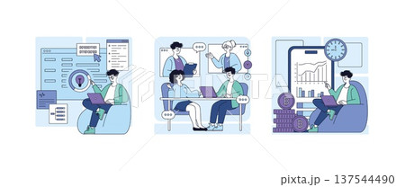 Vector illustration showcasing team collaboration with individuals engaging in coding, teamwork discussions, and financial data analysis. Ideal for themes on teamwork and innovation. Vector illustration showcasing team collaboration with individuals engaging in coding, teamwork discussions, and financial data analysis. Ideal for themes on teamwork and innovation. 137544490