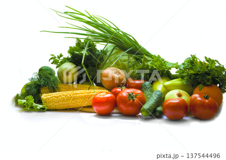 Fresh organic vegetables assortment isolated on white background Fresh organic vegetables assortment isolated on white background 137544496