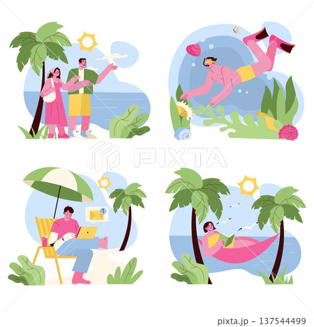 Tropical vector illustration depicting various vacation activities. Includes couples enjoying beach views, a person snorkeling, working remotely under an umbrella, and relaxing in a hammock. Tropical vector illustration depicting various vacation activities. Includes couples enjoying beach views, a person snorkeling, working remotely under an umbrella, and relaxing in a hammock. 137544499
