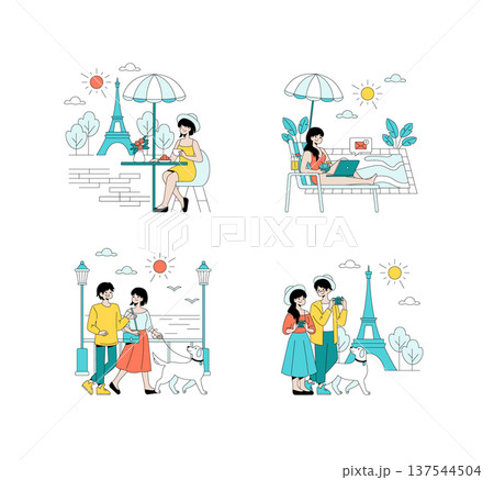 Vector illustration depicting Parisian outdoor activities. Features dining by the Eiffel Tower, working poolside on a laptop, and strolling with a dog in park settings. Vector illustration depicting Parisian outdoor activities. Features dining by the Eiffel Tower, working poolside on a laptop, and strolling with a dog in park settings. 137544504