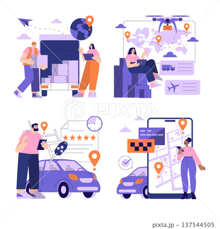 Vector illustration showcasing global logistics with a delivery truck, world map, and package tracking, alongside a ridesharing concept with a car, smartphone app, and navigation. Vector illustration showcasing global logistics with a delivery truck, world map, and package tracking, alongside a ridesharing concept with a car, smartphone app, and navigation. 137544505