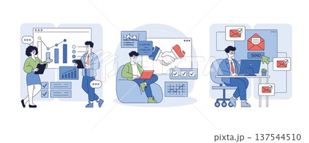 Vector illustration showing business concepts with graphs, online meetings, and email communication. Characters engage in data analysis, virtual handshake, and digital interaction. Vector illustration showing business concepts with graphs, online meetings, and email communication. Characters engage in data analysis, virtual handshake, and digital interaction. 137544510