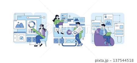 Vector illustration of a team collaborating in digital design. Features people working with laptops and design tools, focusing on web development and interface creation. 137544518