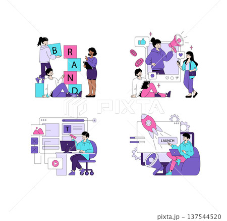 Vector illustration set depicting scenes of brand creation, social media engagement, digital marketing, and product launch planning. Characters interact with digital tools creatively. 137544520