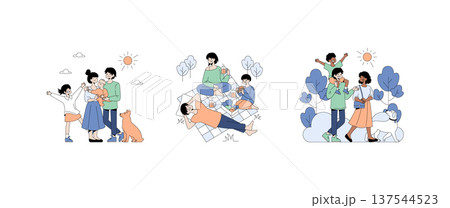 Family illustration showcasing joyful outdoor activities. Features a picnic, dog walking, and playful moments with children under the sun. Perfect for promoting family togetherness. 137544523