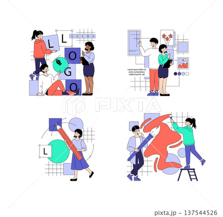 Vector illustration showcasing a creative team collaborating on various design projects. Scenes include logo creation, brainstorming ideas, sketching, and painting, highlighting teamwork and 137544526