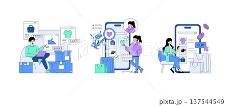 Vector illustration of people engaging in online shopping and using mobile devices for checkout. Includes product ratings, a digital shopping cart, and interactive buying options. 137544549