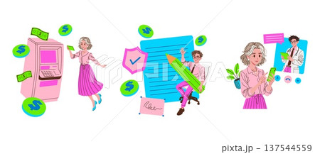 A vector illustration depicting a woman using an ATM, a man signing a contract, and a woman communicating with a doctor via phone. Represents finance, legal documentation, and digital communication. A vector illustration depicting a woman using an ATM, a man signing a contract, and a woman communicating with a doctor via phone. Represents finance, legal documentation, and digital communication. 137544559