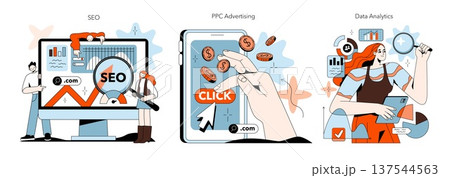 Vector illustration of digital marketing themes like SEO, PPC advertising, and data analytics, featuring people interacting with digital elements such as charts and devices. 137544563
