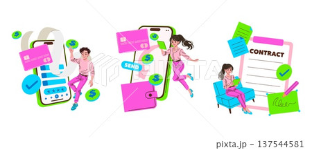 Colorful vector illustration depicting a person using a mobile app for payment and another individual signing a digital contract, emphasizing digital transactions and agreements. Colorful vector illustration depicting a person using a mobile app for payment and another individual signing a digital contract, emphasizing digital transactions and agreements. 137544581
