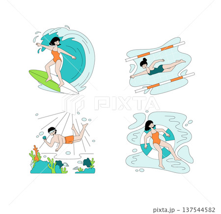 Vector illustration showcasing diverse water sports activities. Includes surfing on a wave, swimming in a pool, snorkeling underwater, and floating on an inflatable ring. Vibrant and dynamic Vector illustration showcasing diverse water sports activities. Includes surfing on a wave, swimming in a pool, snorkeling underwater, and floating on an inflatable ring. Vibrant and dynamic 137544582