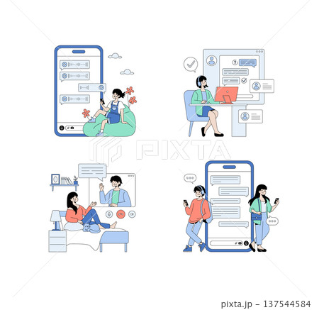 Vector illustration depicting various digital communication scenarios. Characters engaged in online chatting, video calls, and social media interactions, showcasing modern technology use and 137544584