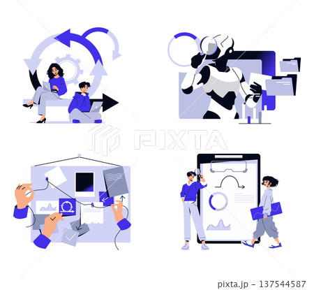 Vector illustration showing teamwork with individuals collaborating using technology, analyzing data, and developing ideas. Includes a robot examining data, highlighting innovation and creativity. Vector illustration showing teamwork with individuals collaborating using technology, analyzing data, and developing ideas. Includes a robot examining data, highlighting innovation and creativity. 137544587