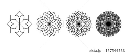 Set of simple linear flower icons isolated on white background. Floral spirograph shapes. Lotus or chrysanthemum petals top view. Simple mandala elements. Vector graphic illustration Set of simple linear flower icons isolated on white background. Floral spirograph shapes. Lotus or chrysanthemum petals top view. Simple mandala elements. Vector graphic illustration 137544588