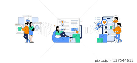 Vector illustration depicting various online shopping scenes. People browse and select clothing items with a joyful expression, depicting convenience and satisfaction in e-commerce. 137544613