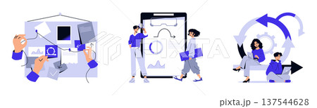 Vector illustration depicting a creative workflow with people analyzing data, collaborating on projects, and brainstorming ideas. Incorporates digital tools, teamwork, and innovation. Vector illustration depicting a creative workflow with people analyzing data, collaborating on projects, and brainstorming ideas. Incorporates digital tools, teamwork, and innovation. 137544628