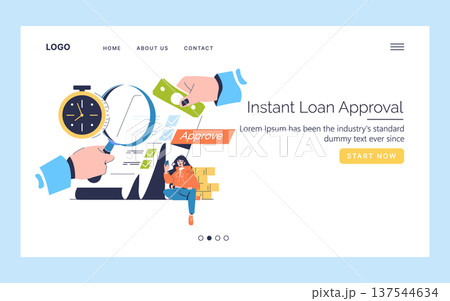 Vector illustration depicting instant loan approval process. Includes a large magnifying glass over documents, a hand holding money, an approval stamp, and a woman using a smartphone. 137544634