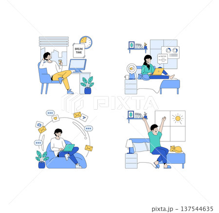 Vector illustration set depicting remote work and relaxation scenes. People engage in various activities, including working on laptops, enjoying coffee breaks, and stretching to unwind. 137544635