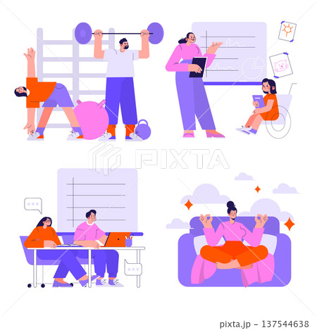 Engaging vector illustration showcasing diverse activities including fitness exercises, teaching, and relaxation. Individuals are depicted lifting weights, giving presentations, working, and Engaging vector illustration showcasing diverse activities including fitness exercises, teaching, and relaxation. Individuals are depicted lifting weights, giving presentations, working, and 137544638