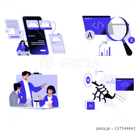 Vector illustration featuring scenes of UX design process, code analysis, AI interaction, and teamwork. Includes people working collaboratively and a robotic hand interacting with data. 137544641