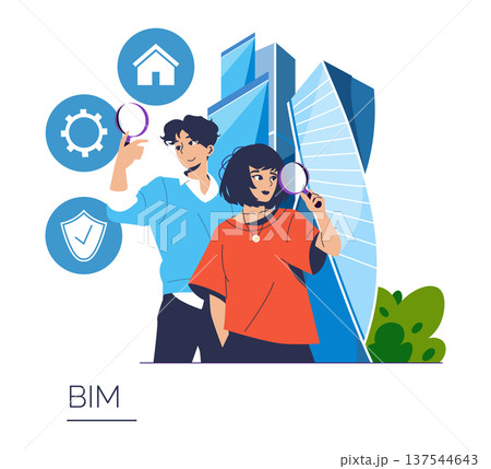 Vector illustration of two professionals analyzing Building Information Modeling (BIM) concepts. They use magnifying glasses near modern architecture symbols, representing teamwork and technology. 137544643