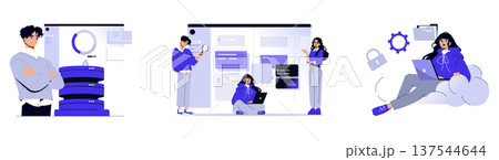 Vector illustration depicting a team collaborating on data analysis. The scene includes people using laptops and tablets to explore and discuss data visualizations, highlighting teamwork in a digital 137544644