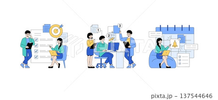 Vector illustration of a business team collaborating on strategy and planning. Depicts people discussing ideas, organizing tasks, and scheduling events with digital devices. 137544646