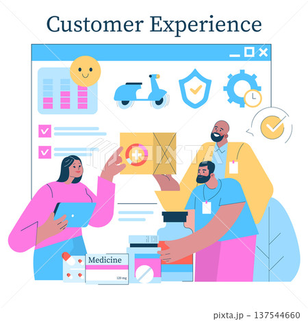 Vector illustration depicting a customer experience interaction. Three people engage in a discussion over a medical delivery, showcasing elements like online feedback and logistics. Vector illustration depicting a customer experience interaction. Three people engage in a discussion over a medical delivery, showcasing elements like online feedback and logistics. 137544660