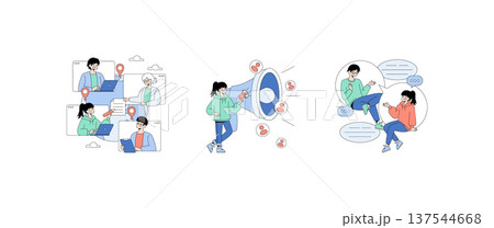 Vector illustration showing diverse group using digital tools to collaborate and communicate. Depicts social media, networking, and teamwork with happy and engaged expressions. 137544668