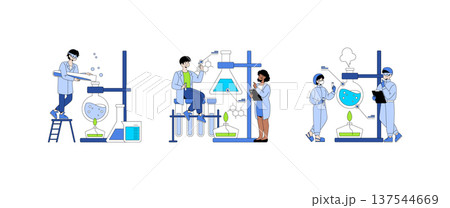 Scientists work in a lab setting, engaging with chemical experiments and analyzing results. This vector illustration captures teamwork and innovation in a scientific environment. Scientists work in a lab setting, engaging with chemical experiments and analyzing results. This vector illustration captures teamwork and innovation in a scientific environment. 137544669