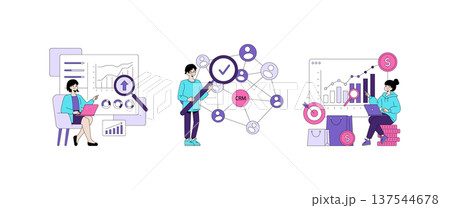 Vector illustration showing individuals engaging with business analytics tools. CRM connectivity, market data analysis, and financial growth insights are highlighted in vibrant graphics. 137544678