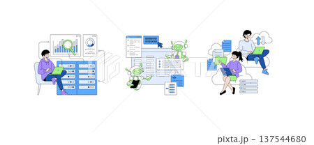 Vector illustration showing individuals and a robot engaging in data analysis and cloud computing. People interact with laptops and servers, displaying digital charts and coding. Vector illustration showing individuals and a robot engaging in data analysis and cloud computing. People interact with laptops and servers, displaying digital charts and coding. 137544680