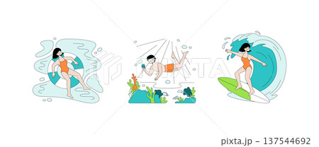 Vector illustration showcasing summer activities with a woman enjoying water recreation. Scenes include floating, snorkeling, and surfing, capturing fun and leisure in a vibrant style. 137544692