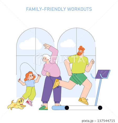Family having fun with a jump rope, treadmill, and dog indoors. Vector illustration captures dynamic exercise moments with diverse age groups, promoting healthy living and togetherness. 137544715